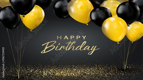 Happy Birthday Celebration With Balloons and Confetti in Black and Gold Color...