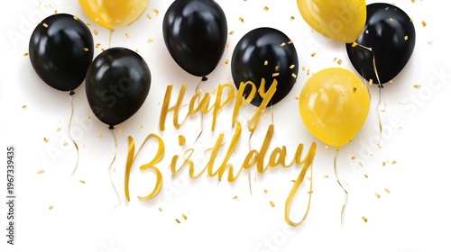 Black and Yellow Balloons Celebrate a Birthday With Festive Text and Colorful...