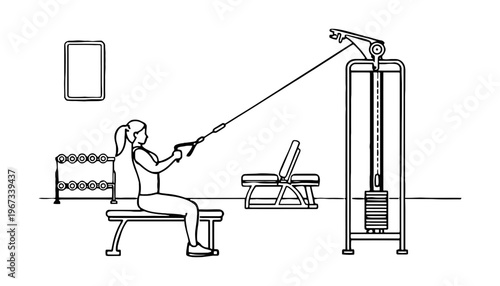 Gym woman exercising with a cable machine and weights nearby