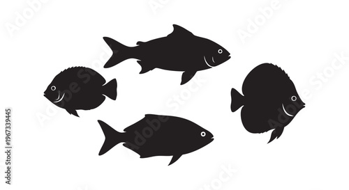 Four black fish silhouettes swimming in a circular formation on white background isolated on transparent background