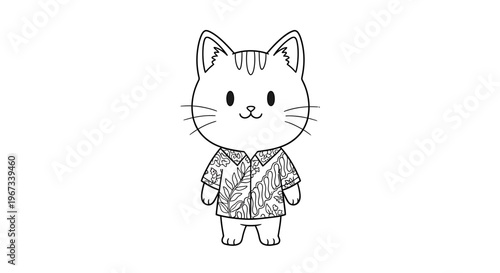 A charming black and white sketch of a cute cartoon cat wearing a batik shirt, standing upright with a friendly expression.