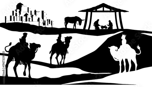 Camel silhouette illustration with cityscape and nativity scene in background