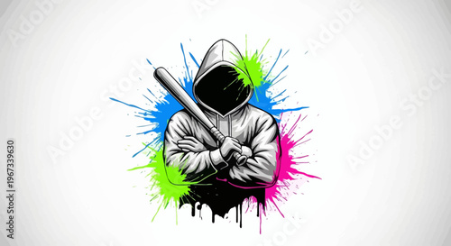 Stylized illustration of a mysterious hooded figure holding a baseball bat, surrounded by vibrant paint splatters in blue, green, and pink on a white background.