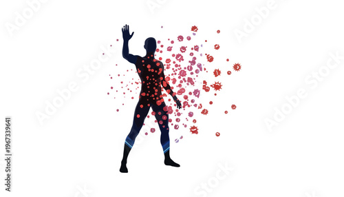 Shield silhouette protecting a person from virus particles in a modern illustration