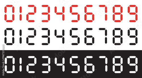 Zero to nine digital electronic clock numbers vector set, LCD and LED digits, for clock, timer, calculator, watch, alarm, counter, vector illustration