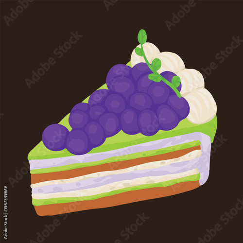Blueberry matcha taro cream sliced cake vector hand drawn