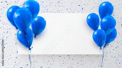 Many Blue Balloons on a Light Blue Background With Colorful Confetti Scattere...