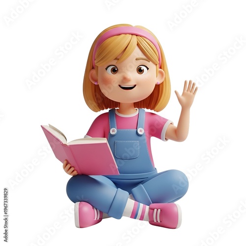 Little girl reading a pink book and waving her hand happily.