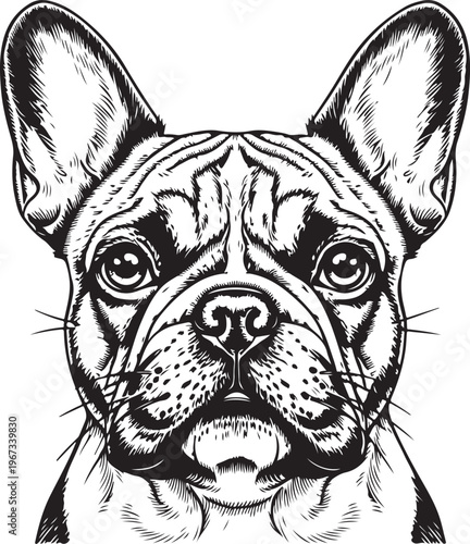 A detailed black and white illustration of a french bulldog's expressive face sketch vector illustration