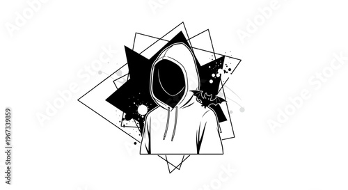 Abstract black and white graphic illustration of a mysterious hooded figure with a faceless void, surrounded by geometric shapes and splatters.