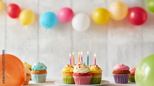 Colorful Birthday Cupcakes With Candles and Balloons in a Festive Setting for...
