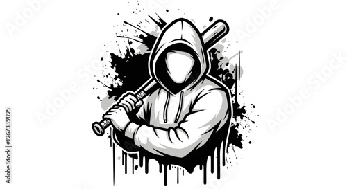 Monochrome illustration of an anonymous hooded figure holding a baseball bat with a grunge splatter background, depicting a rebellious or urban theme.