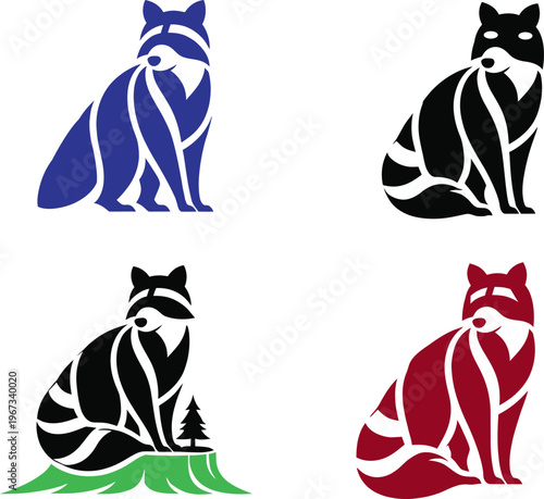 A creative set of raccoon logos featuring clean and modern shapes with stylized fur patterns and sitting poses. These vector designs represent wildlife, curiosity, intelligence, and nature, making the