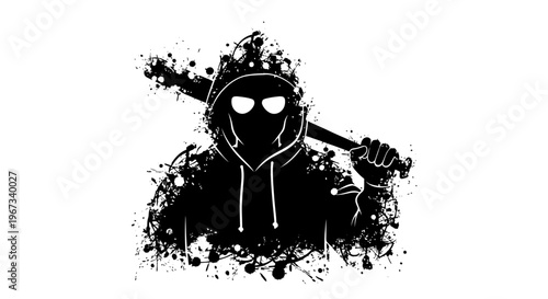 Stylized black silhouette of a hooded figure with sunglasses holding a baseball bat, surrounded by grunge paint splatters on a white background.