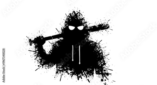 Grungy black silhouette of a hooded figure with glowing eyes holding a baseball bat, depicted with a splatter effect on a white background.