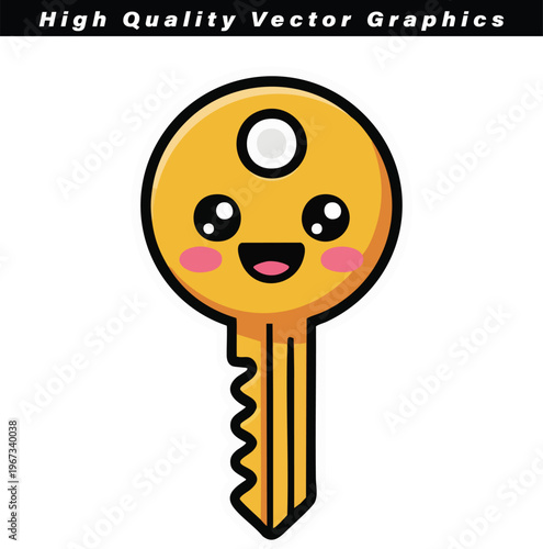 Kawaii golden key character with a cheerful facial expression and rosy cheeks smiles brightly, symbolizing access, security, or a solution on a clean white background.