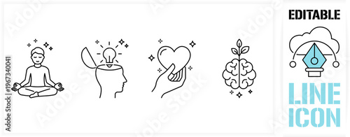 Editable line icon set in a black simple and clean vector outline stroke for mental health, meditation yoga, creative mind insight, self care love and psychological growth with brain plant concept.