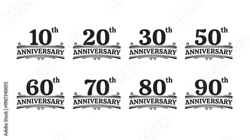 Anniversary emblems featuring numerical milestones from 10th to 90th with decorative flourishes and clear text.