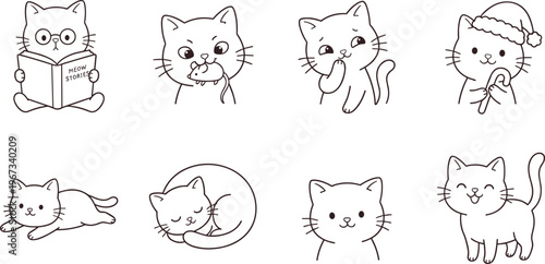 Cute Cat Characters Collection with Reading, Playing, Sleeping, and Christmas-Themed Illustrations for Pet, Animal, and Cartoon Designs