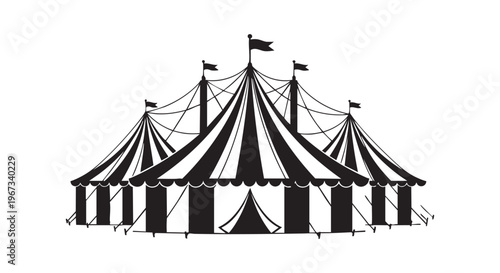 A large black and white illustration of a classic circus tent with flags isolated on transparent background