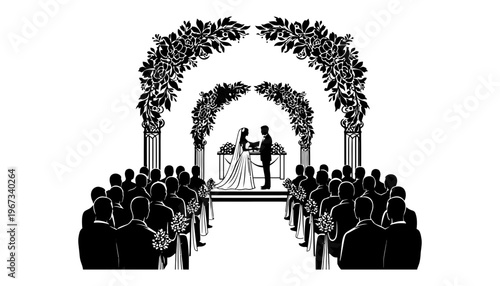 Wedding silhouette illustration of a couple exchanging vows under a floral arch