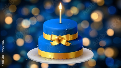 Birthday Cake With Blue Frosting, Gold Ribbon, and a Single Candle on a Table...