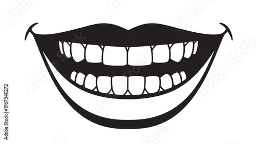Mouth smiling wide with white teeth and black outline lips on a white background featuring smile, drawing, illustration with cartoon and grinning
