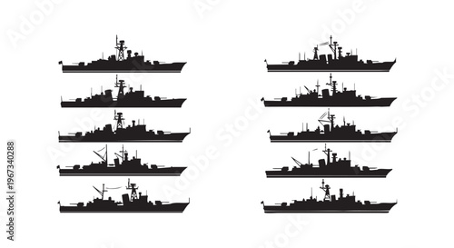 Silhouette of various warships on white background for naval illustration isolated on transparent background