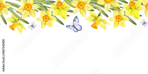 Photos seamless border of yellow flowers, flying butterflies, hand drawn watercolor daf