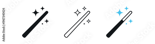 Magic wand icon set. wand, sparkles, magic effect, spell, glitter, fairy, twinkle, transformation, sparkle trail for ui, decoration and effects. line, flat and colored vector icon set.