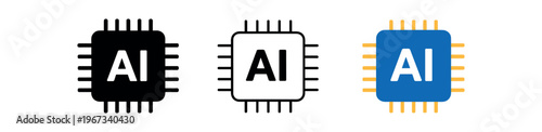 Ai chip icon set. ai processor, microchip, neural hardware, silicon chip, artificial intelligence, machine learning, computing, technology and hardware symbol. line, flat and colored vector icon set.