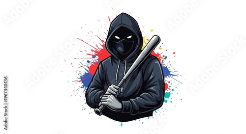 A masked figure in a black hoodie holding a baseball bat with glowing eyes against a vibrant paint splash background.