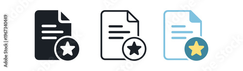Document favorite icon set. starred file, important document, bookmark, saved file, preferred, featured document. line, flat and colored vector icon set.