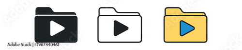 Folder with play symbol icon set. folder, video, media, movie, play button, multimedia. line, flat and colored vector icon set.