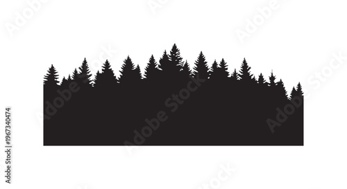 A forest of evergreen trees in silhouette against a white background isolated on transparent background
