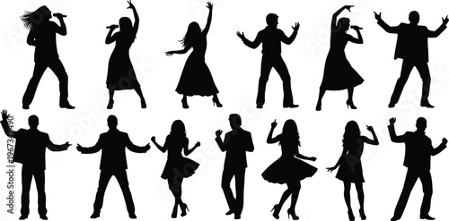 Dancing people silhouettes collection with men and women in party poses, celebration and music concept for nightclub design, festival, event graphics and entertainment illustrationDancing people 