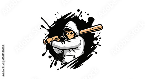 Illustration of a person in a white hoodie holding a baseball bat with a black ink splash background, depicting a determined or street-style character.