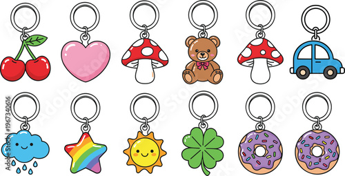 Vector set of ten cartoon keychain designs with colorful icons including cherry heart teddy bear mushroom and flame.