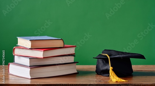 Books and a Graduation Cap Sit Together in a Classroom Against a Green Backgr...