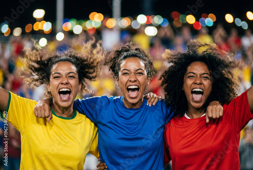 Multiracial Female Friends Cheering Together at Stadium Sports Event with Genuine Smiles
