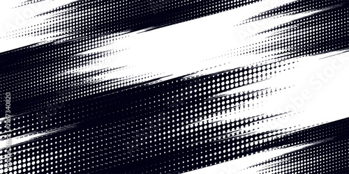 Abstract Black and White Halftone Brush Stroke Background, Grunge Dot Pattern Texture, Hand Drawn Ink Splatter Design Element for Streetwear, Poster, and Urban Graphics.