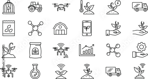 Smart agriculture and agritech vector icons set featuring drones automated farming machinery seedling growth data analytics and sustainable technology