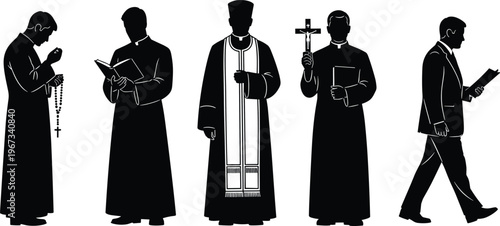 Set of black silhouettes showing Catholic priests in various poses including praying with rosary, reading bible, holding crucifix, and walking.