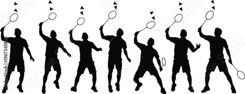 Set of black silhouettes showing professional badminton players in various action poses like smashing, jumping, and hitting shuttlecock on white background