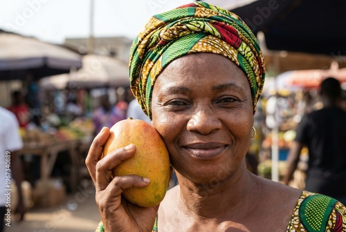 
Confident Senegalese Market Woman Holding Fresh Mango in Natural Sunlight – Authentic West African Editorial Portrait
