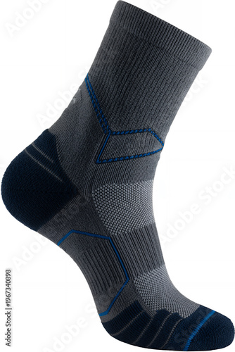 Gray and blue athletic sock with geometric pattern