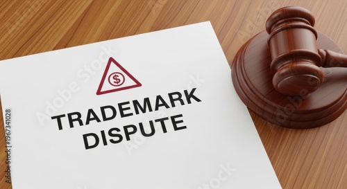 Trademark dispute legal document on wooden desk, judge gavel and court hammer, intellectual property law concept, corporate litigation and copyright infringement