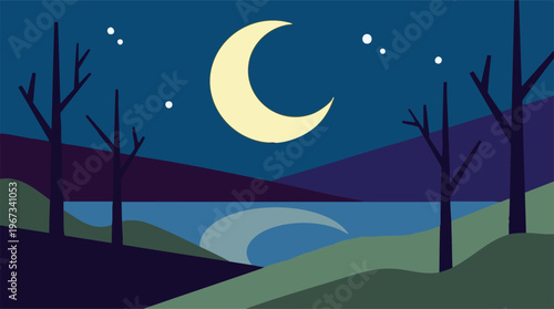 Minimalist night landscape with crescent moon, lake, trees, and stars