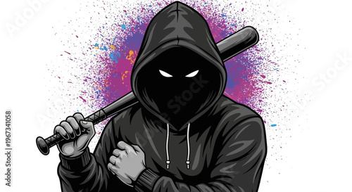 Mysterious hooded figure with glowing eyes holding a baseball bat against a vibrant, splattered paint background, depicting an edgy street art style.