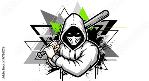 Graphic illustration of a masked hooded figure holding a baseball bat against an abstract geometric background with green accents.